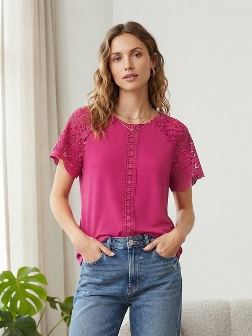 Cable & Gauge Fuchsia Lace Sleeve Blouse